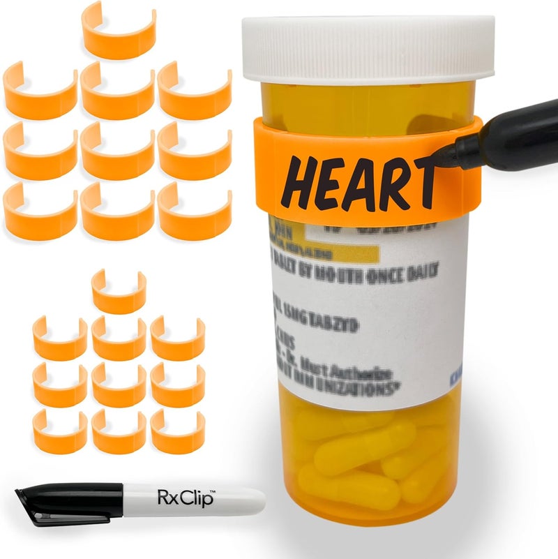 RxClip 20 Pack Medicine Bottle Label Clips for Easy Medication Identification - 20ct Multipack with Marker (Tangerine) - Image 1